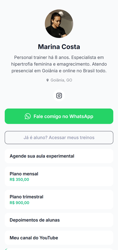 Prévia da bio link da Marina Costa no Treinei