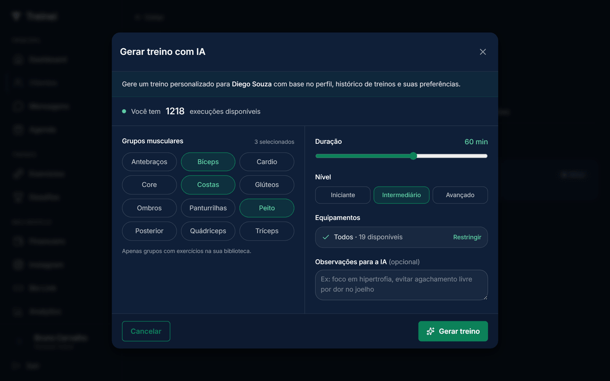 Modal de geração de treinos com IA no Treinei
